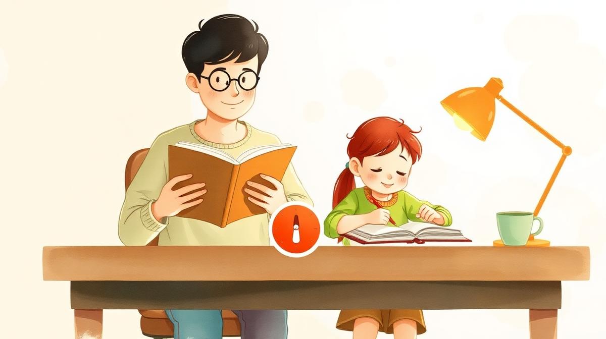 Родитель спокойно читает книгу рядом с ребёнком, который делает уроки — метод Body Doubling