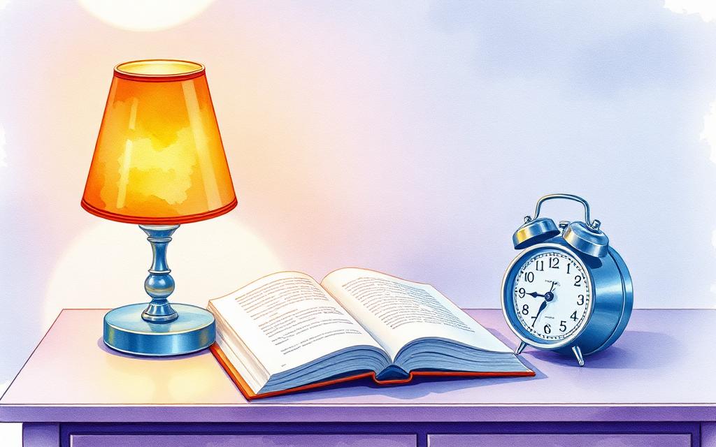 Уютная прикроватная тумбочка с ночником, книгой и будильником — атмосфера ритуала сна